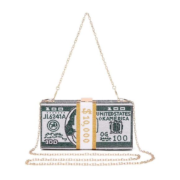 Dollar Clutch Purse Rhinestone Evening Handbag Money Bag Green - Picture 1 of 7
